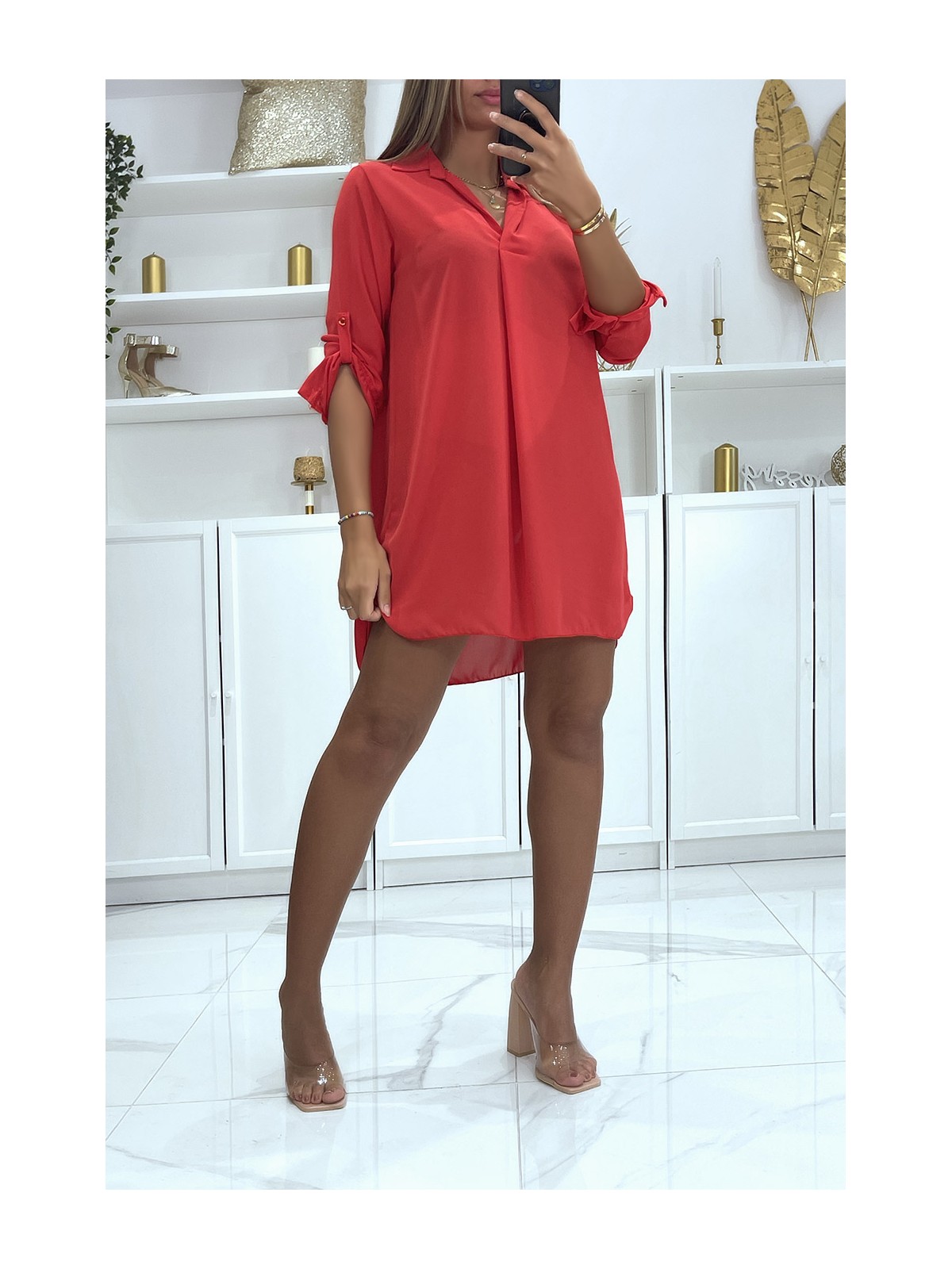 Robe tunique rouge col chemise manches revers - 1