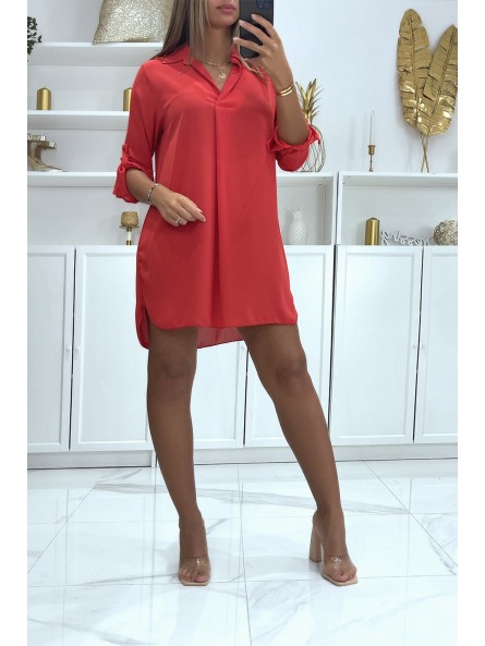 Robe tunique rouge col chemise manches revers - 2