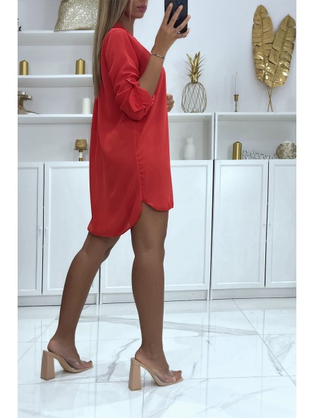 Robe tunique rouge col chemise manches revers - 4