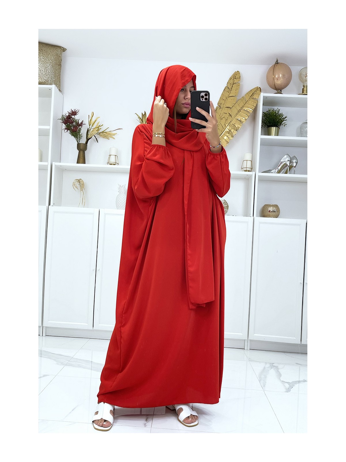 Abaya rouge avec voile intégré pas chère couleur vitaminée - 2