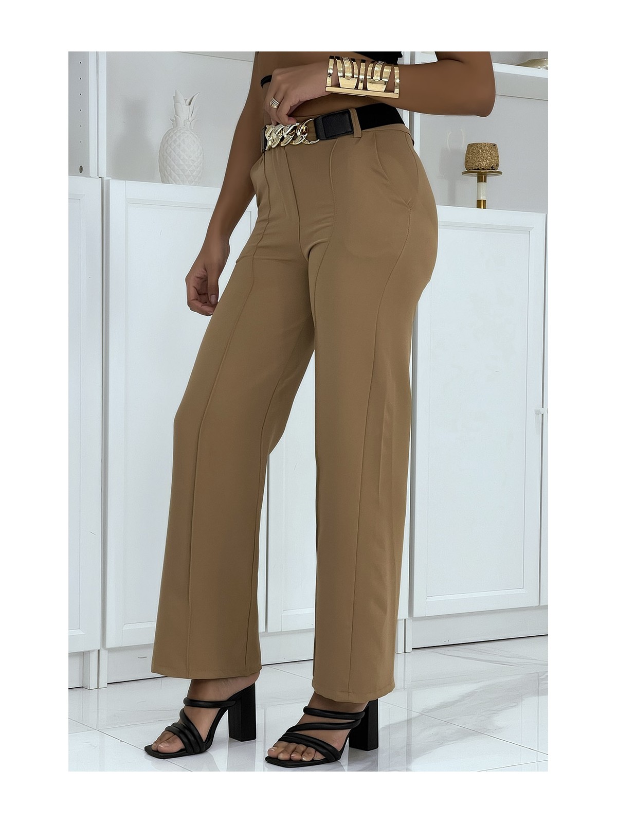 Pantalon palazzo camel avec poches ceinture et plis - 4