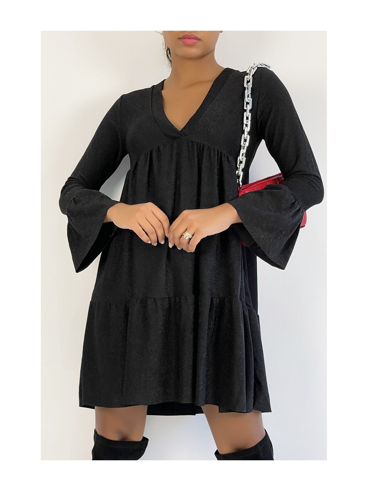 Robe tunique col V à paillettes noires et volants - 5