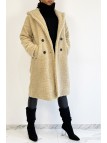 Manteau chaud beige longueur genoux effet moumoute avec col à revers et à capuche - 2