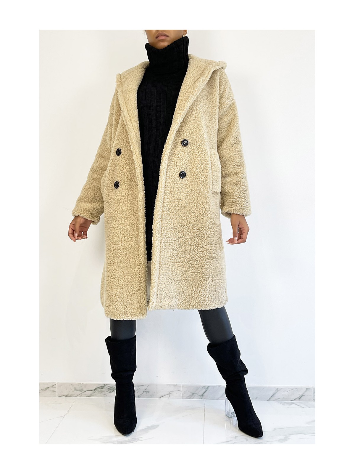 Manteau chaud beige longueur genoux effet moumoute avec col à revers et à capuche - 3