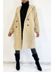 Manteau chaud beige longueur genoux effet moumoute avec col à revers et à capuche - 3