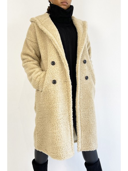 Manteau chaud beige longueur genoux effet moumoute avec col à revers et à capuche - 4