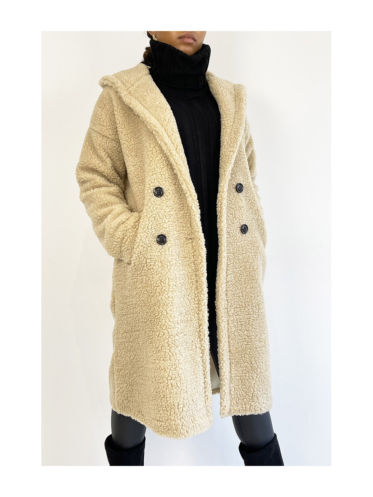 Manteau chaud beige longueur genoux effet moumoute avec col à revers et à capuche - 4