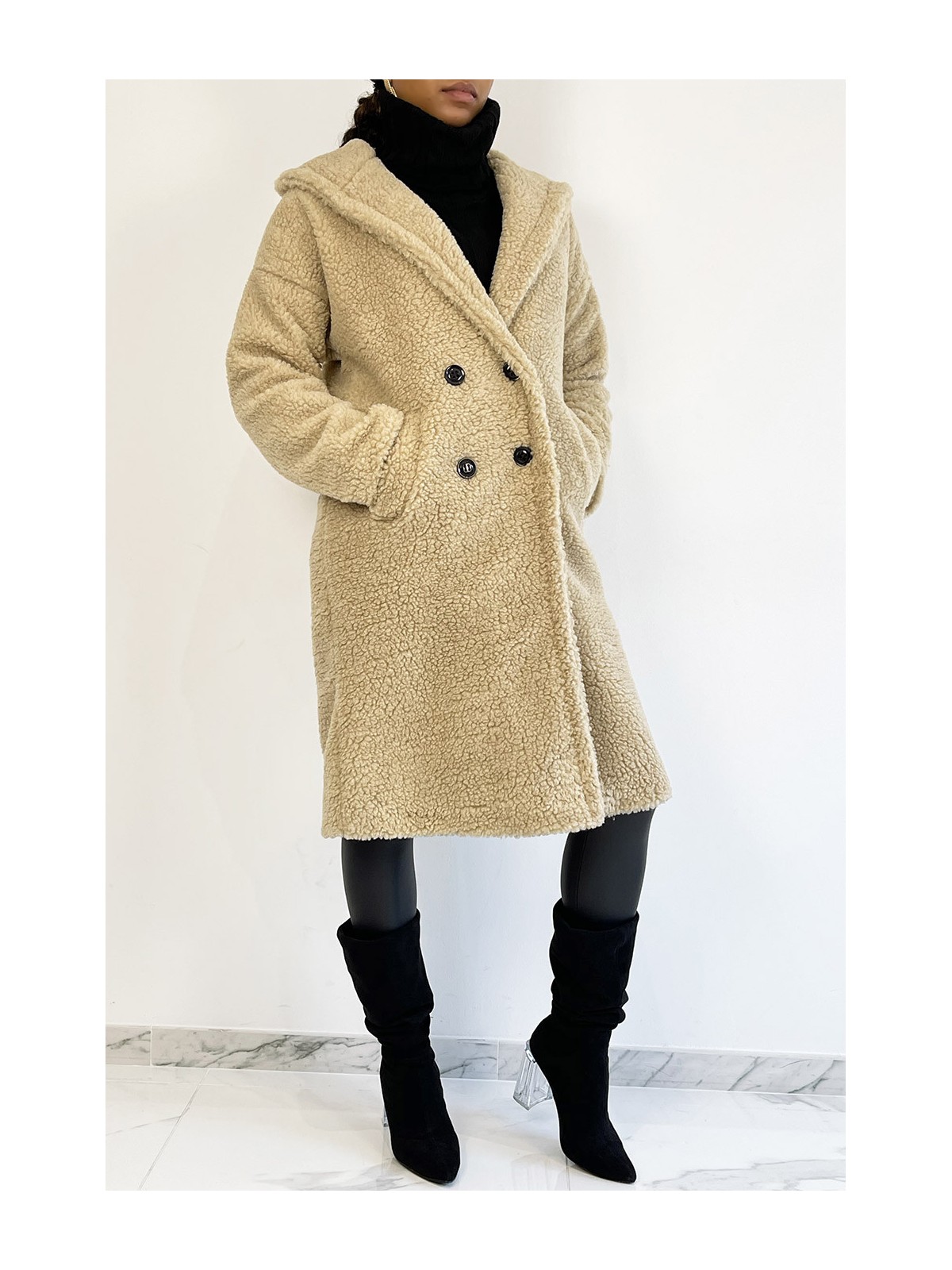 Manteau chaud beige longueur genoux effet moumoute avec col à revers et à capuche - 5