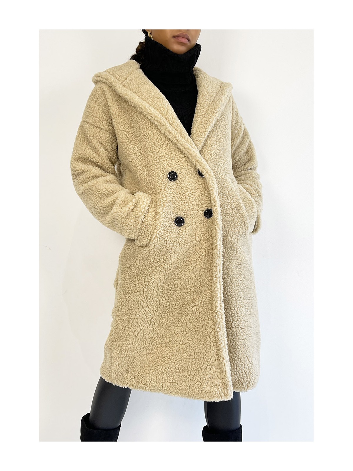 Manteau chaud beige longueur genoux effet moumoute avec col à revers et à capuche - 6