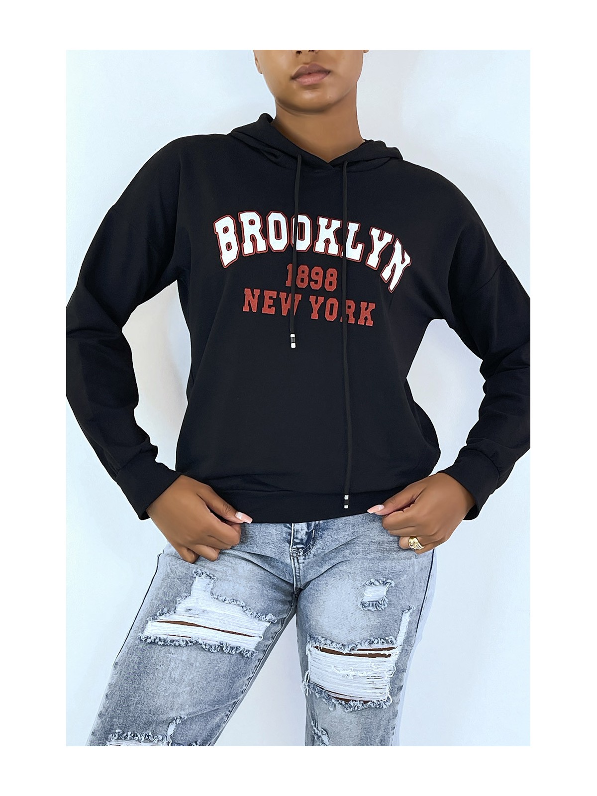Sweat à capuche noir avec écriture BROOKLYN 898 NEW YORK - 1