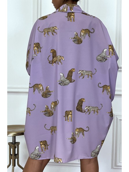 Chemise lila longue à l'arrière, imprimés léopard avec manches amples - 1