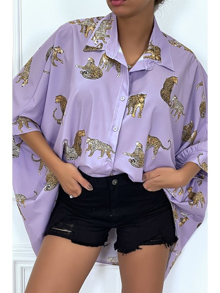 Chemise lila longue à l'arrière, imprimés léopard avec manches amples - 4
