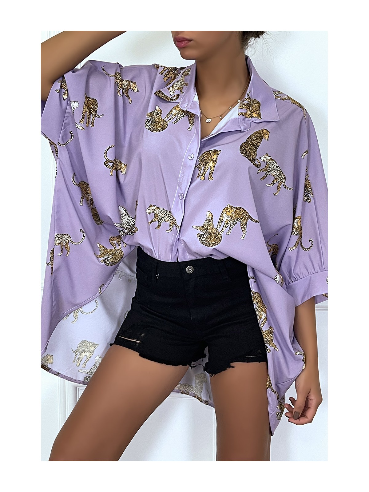 Chemise lila longue à l'arrière, imprimés léopard avec manches amples - 5