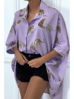 Chemise lila longue à l'arrière, imprimés léopard avec manches amples - 6