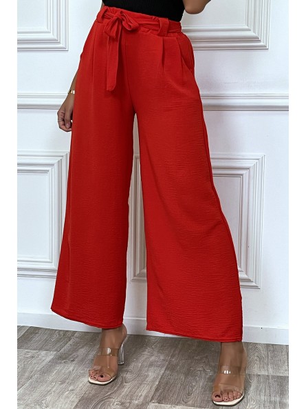 Pantalon palazzo rouge ceinturé, très tendance - 3