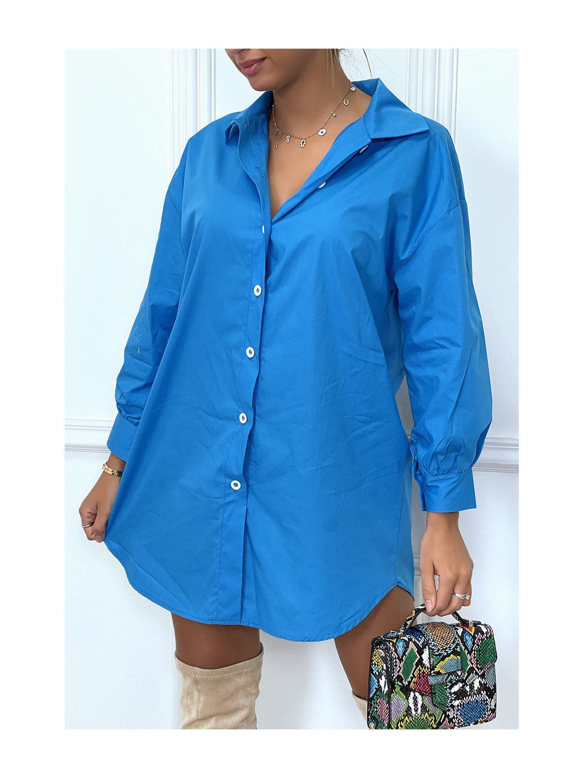 Robe chemise bleue asymétrique en coton - 1