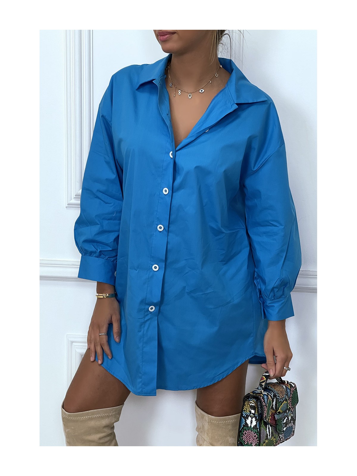 Robe chemise bleue asymétrique en coton - 2