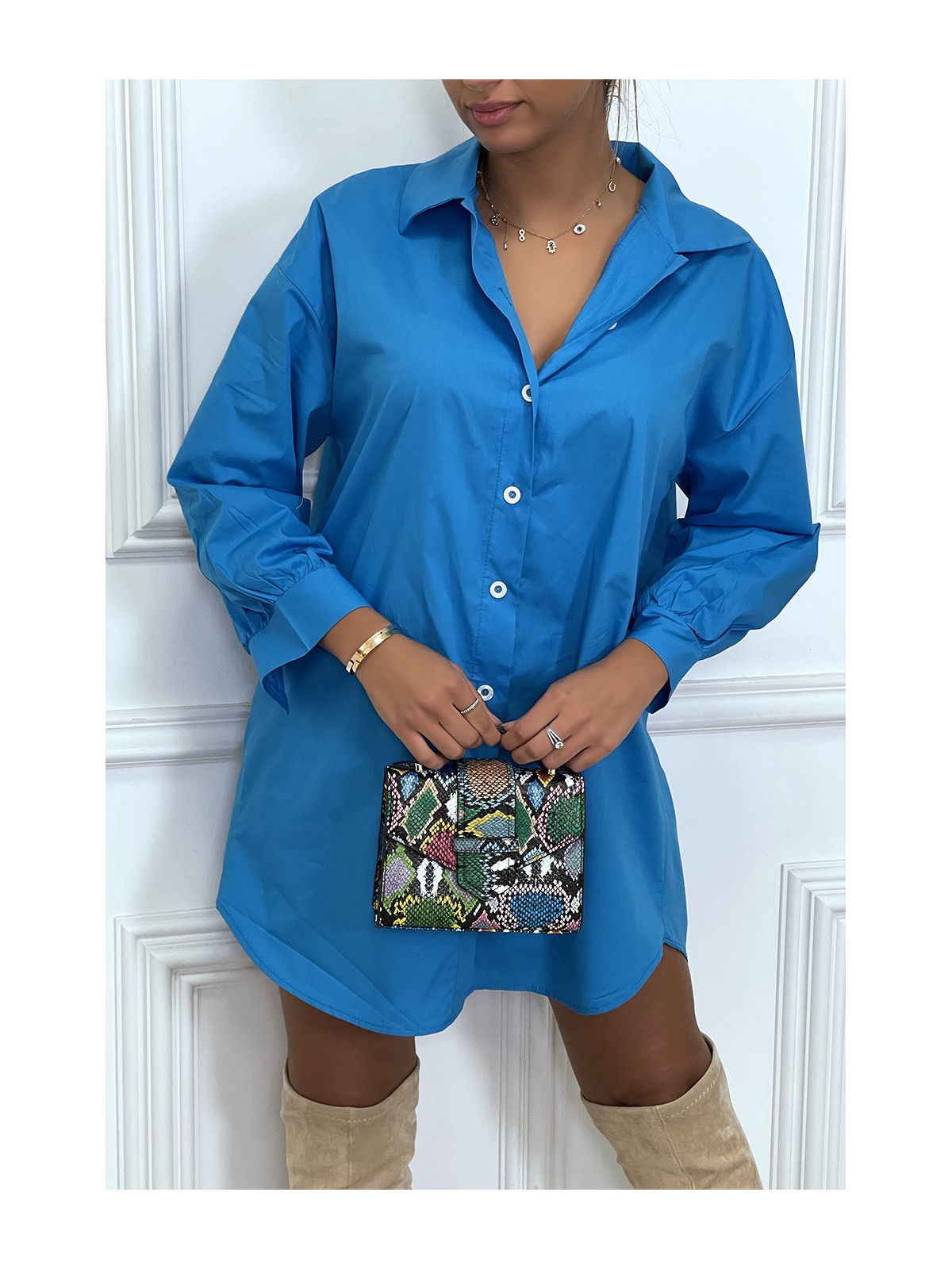 Robe chemise bleue asymétrique en coton - 3