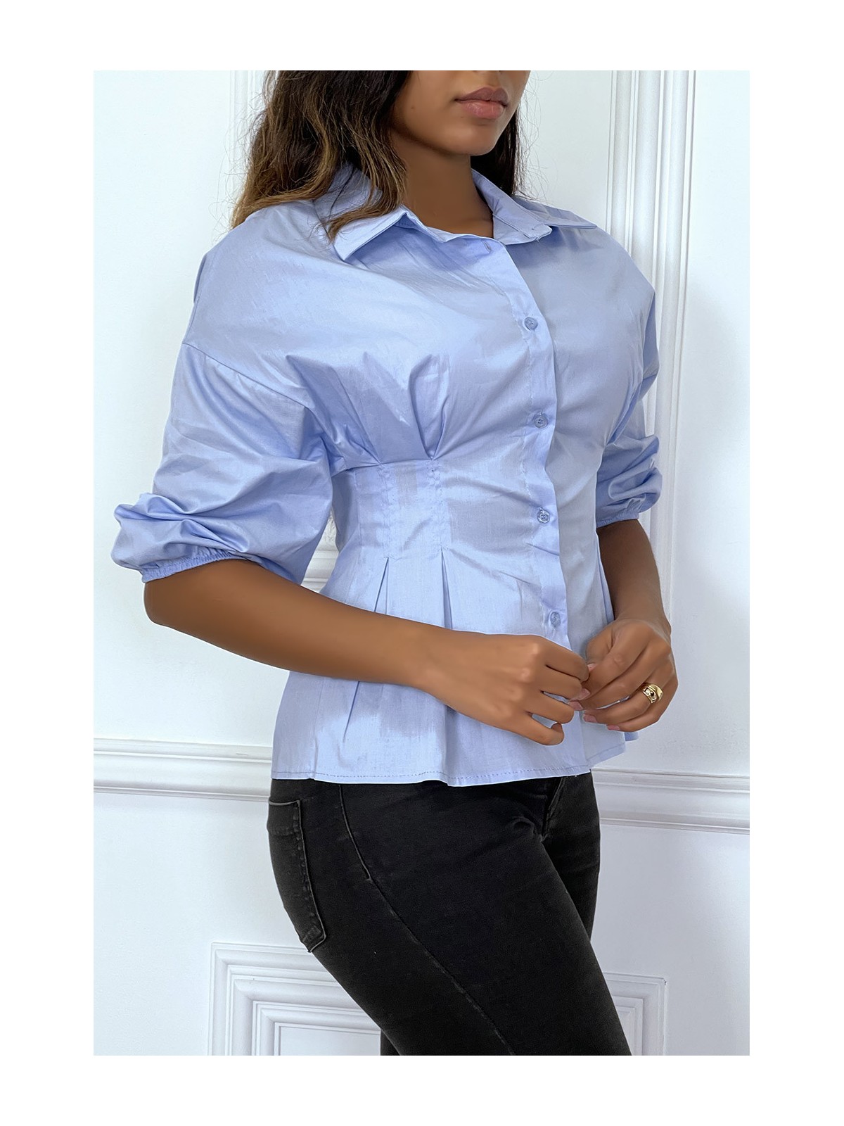 Chemise bleue froncée à la taille et plissée - 2