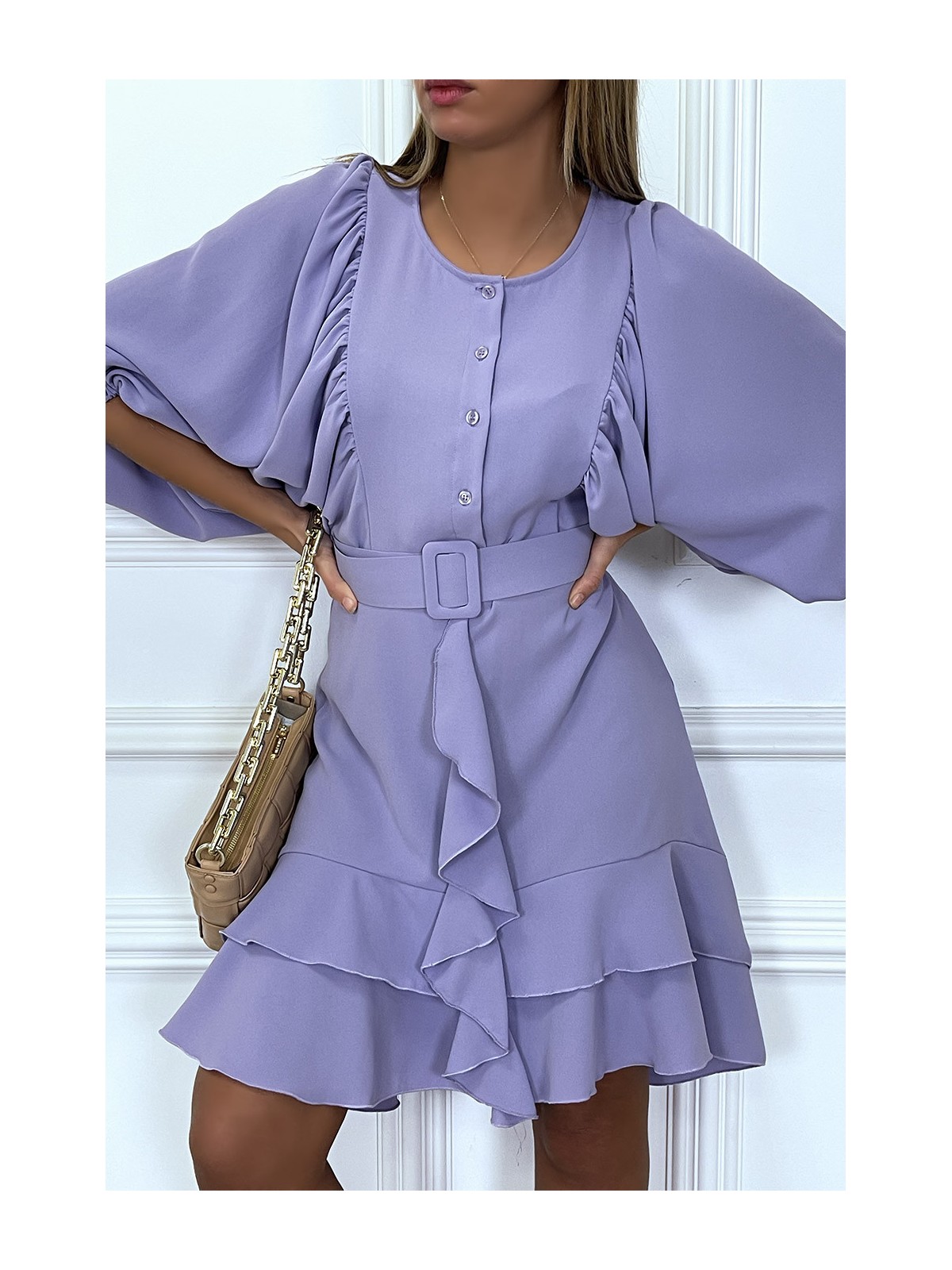 Robe chemise lila avec manches bouffante volants et ceinture - 4