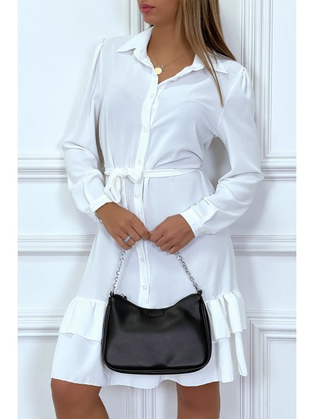 Robe tunique blanche manches longues boutonné avec volant - 2
