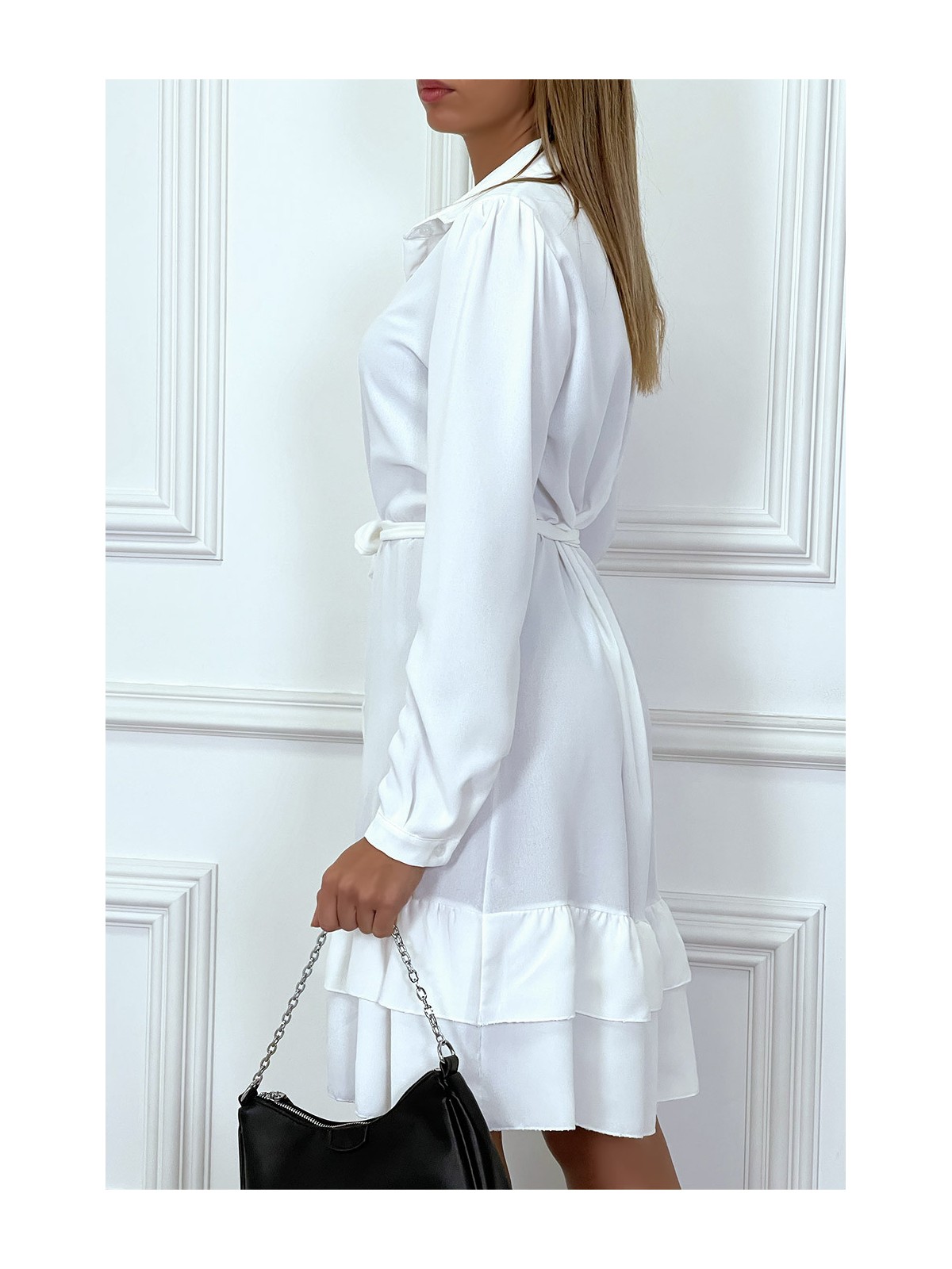 Robe tunique blanche manches longues boutonné avec volant - 4
