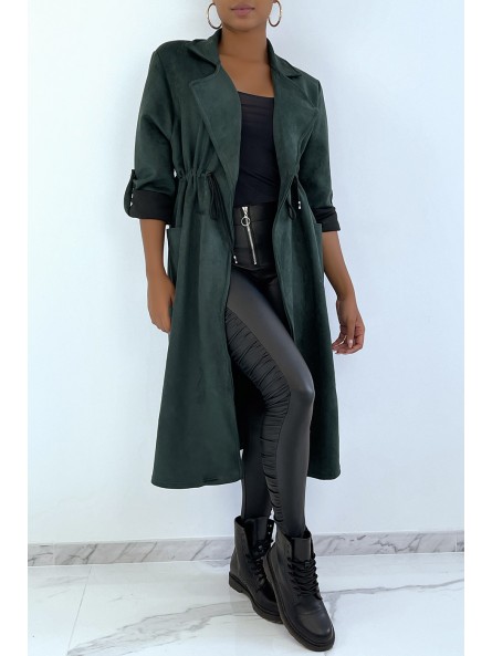 Manteau trench en suédine verte ajustable à la taille - 1