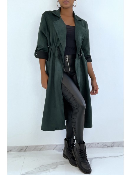 Manteau trench en suédine verte ajustable à la taille - 2