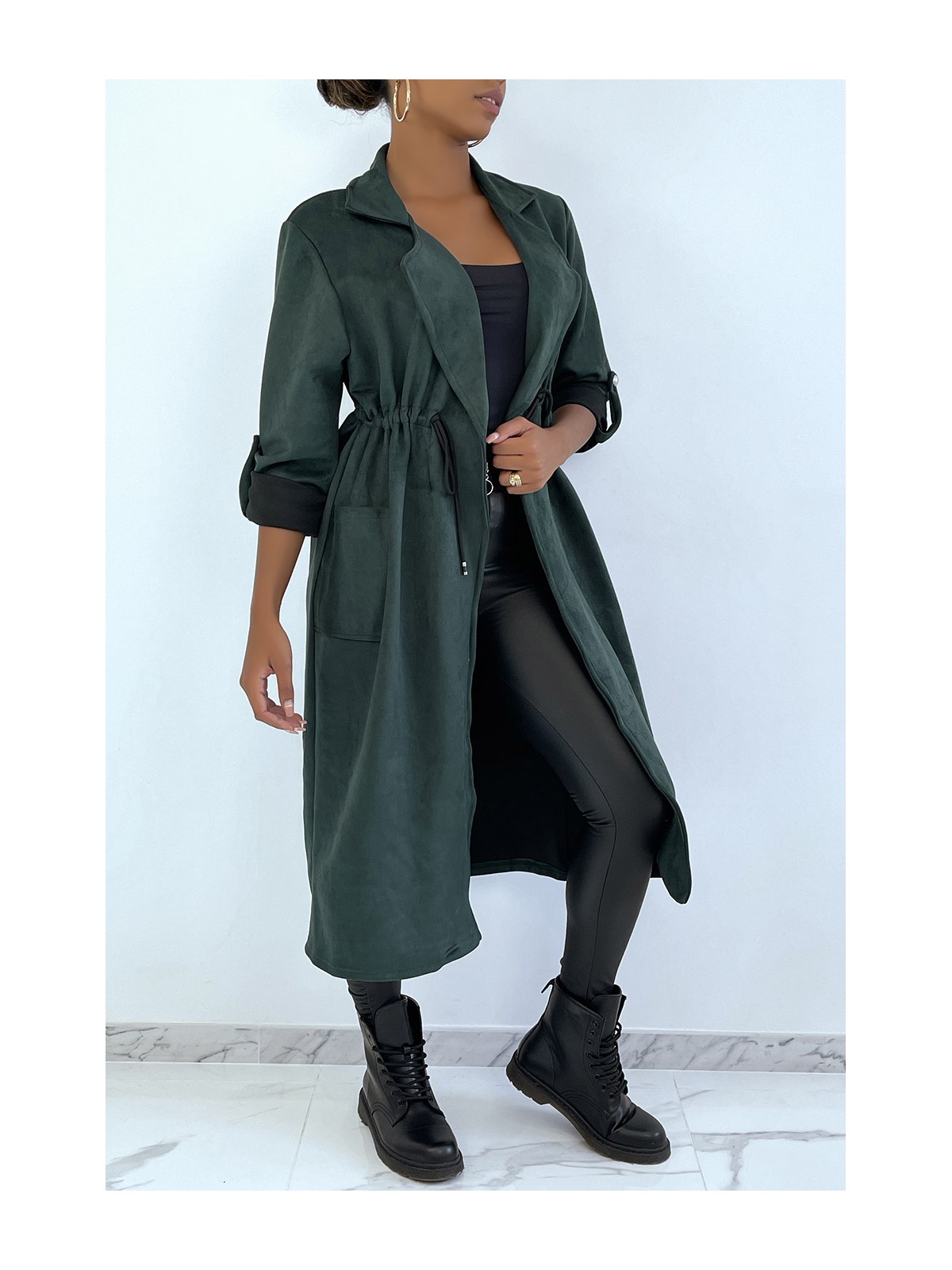 Manteau trench en suédine verte ajustable à la taille - 3