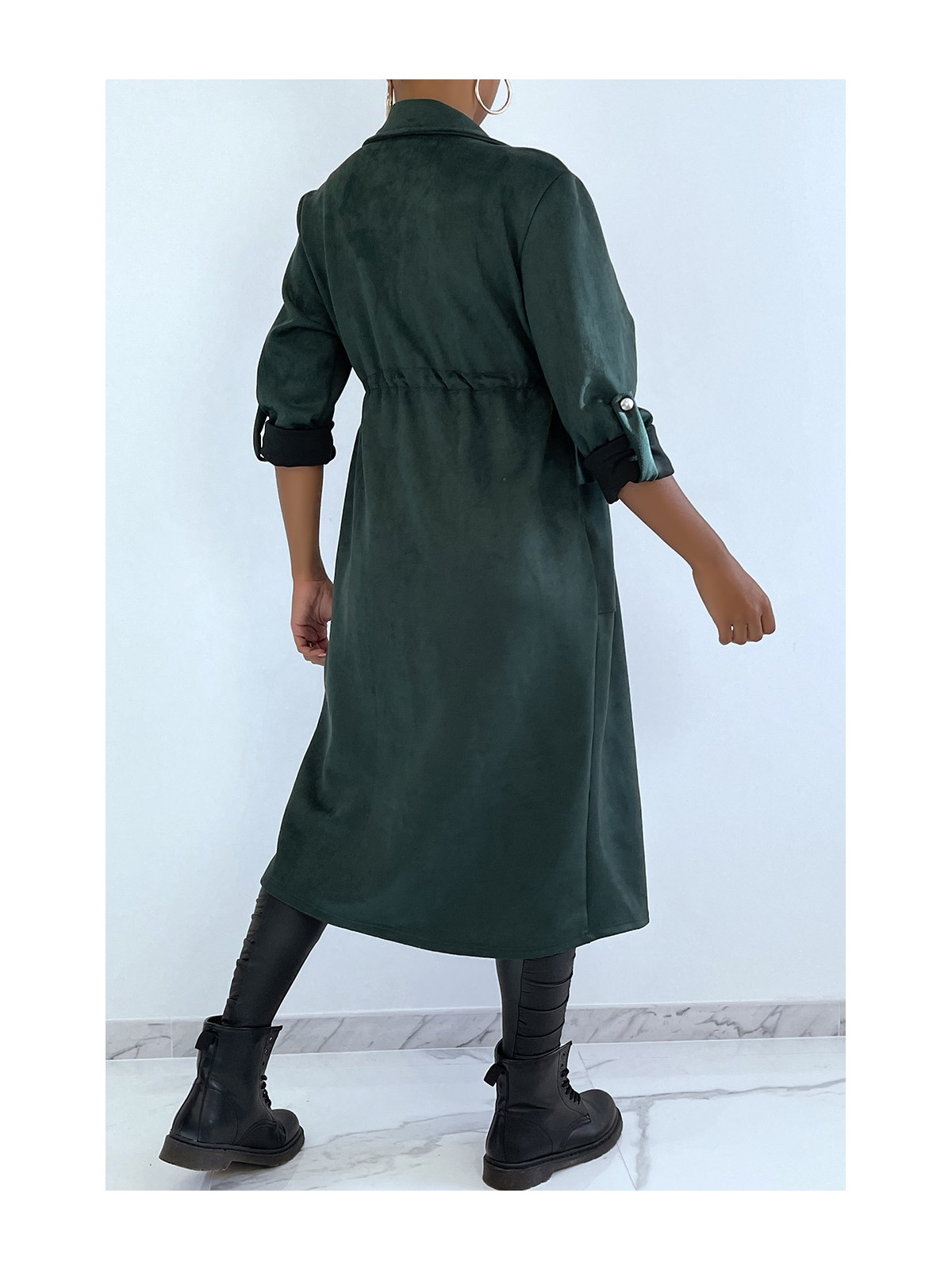 Manteau trench en suédine verte ajustable à la taille - 4