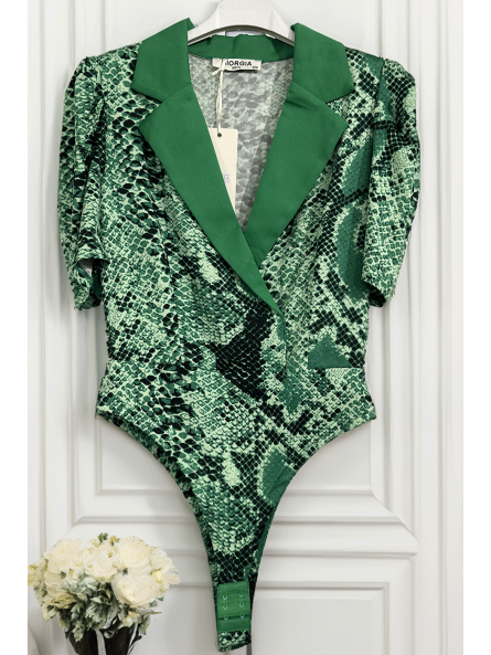 Body vert très extensible en motif python à manches courtes, avec col style blazer - 5