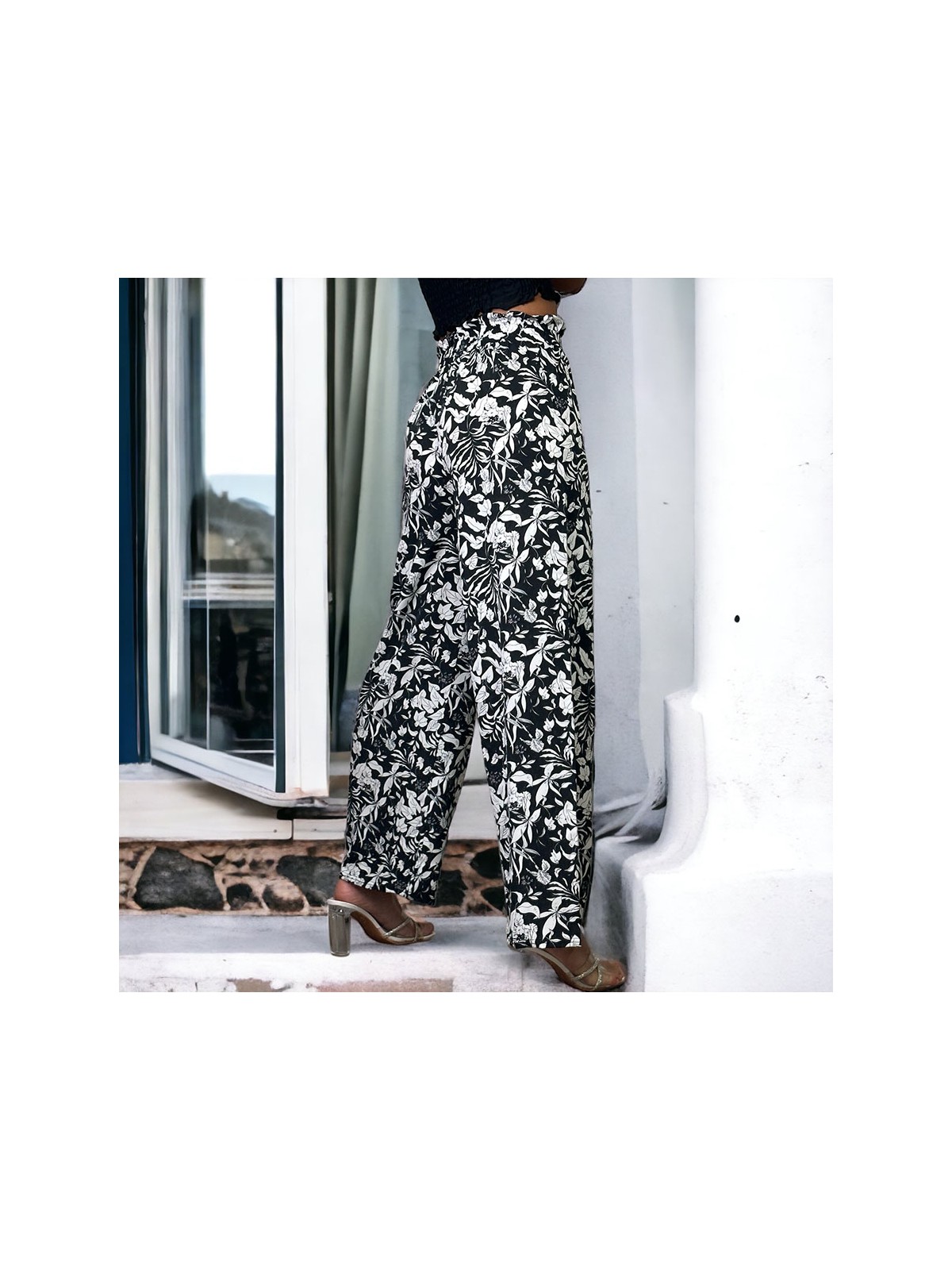 Pantalon palazzo imprimé fleuris noir - 3