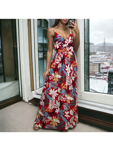 Longue robe avec sublime motif fleuris rouge bretelles amovible - 2