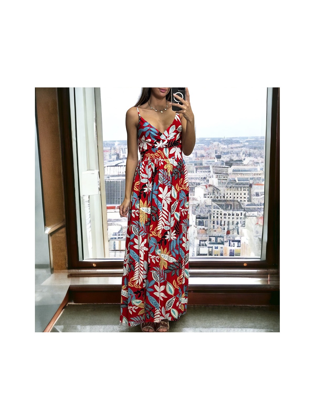 Longue robe avec sublime motif fleuris rouge bretelles amovible - 3
