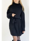 Robe pull noire col roulé effet maille avec ceinture à nouée confortable douce et féminine - 1