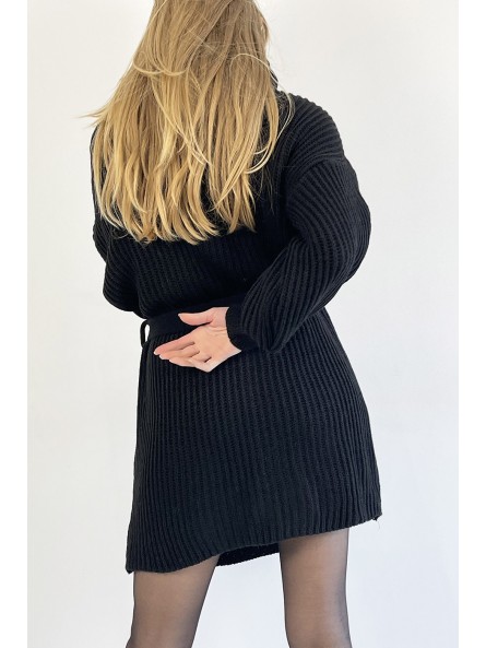 Robe pull noire col roulé effet maille avec ceinture à nouée confortable douce et féminine - 6