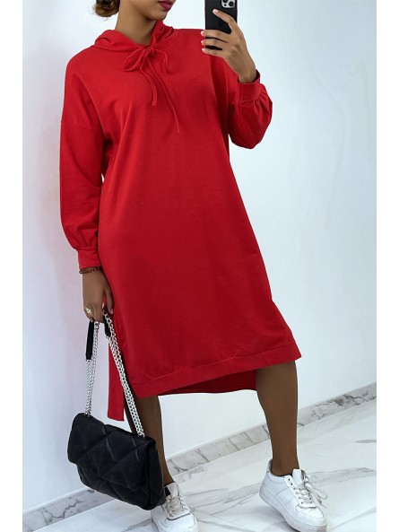 Longue robe sweat over size en rouge avec capuche - 2