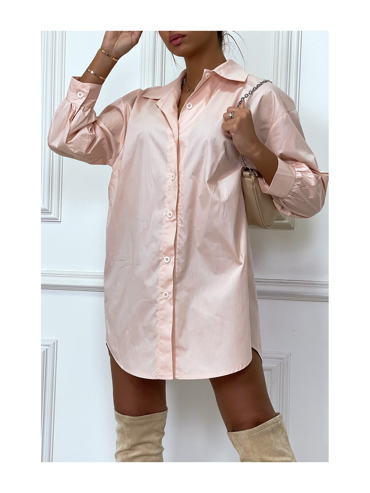 Robe chemise rose asymétrique en coton - 3