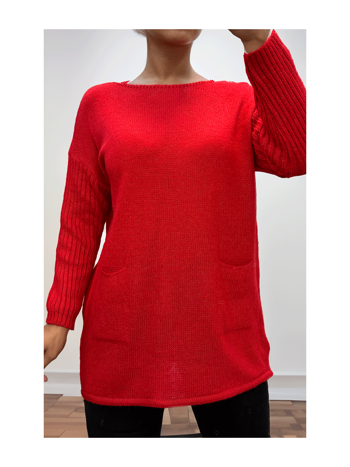 Robe tunique rouge en maille - 1