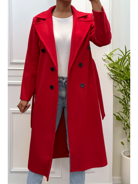 Long manteau croisé en rouge avec poches boutons et ceinture - 1