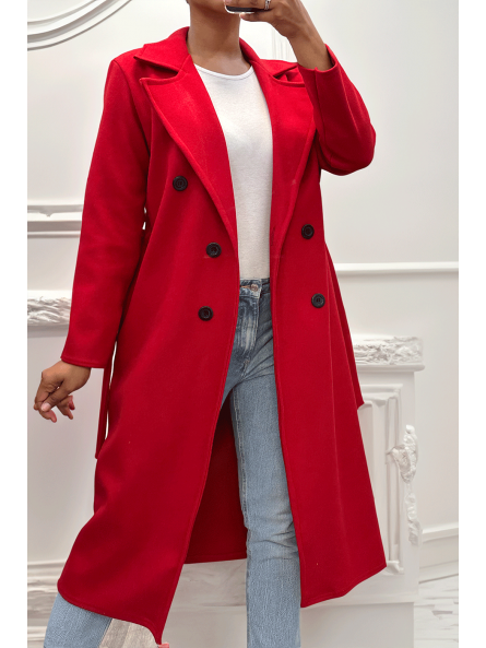 Long manteau croisé en rouge avec poches boutons et ceinture - 2