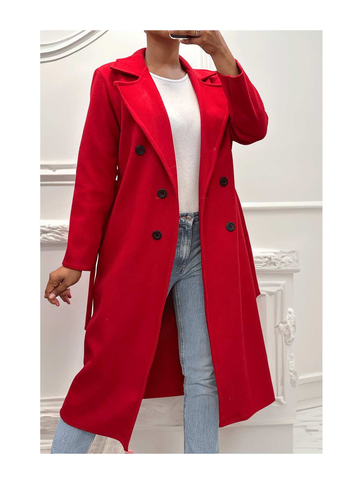 Long manteau croisé en rouge avec poches boutons et ceinture - 2