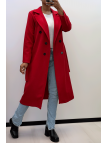 Long manteau croisé en rouge avec poches boutons et ceinture - 3