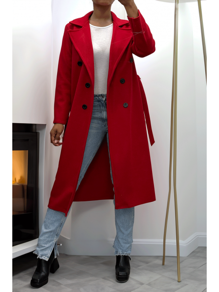 Long manteau croisé en rouge avec poches boutons et ceinture - 4