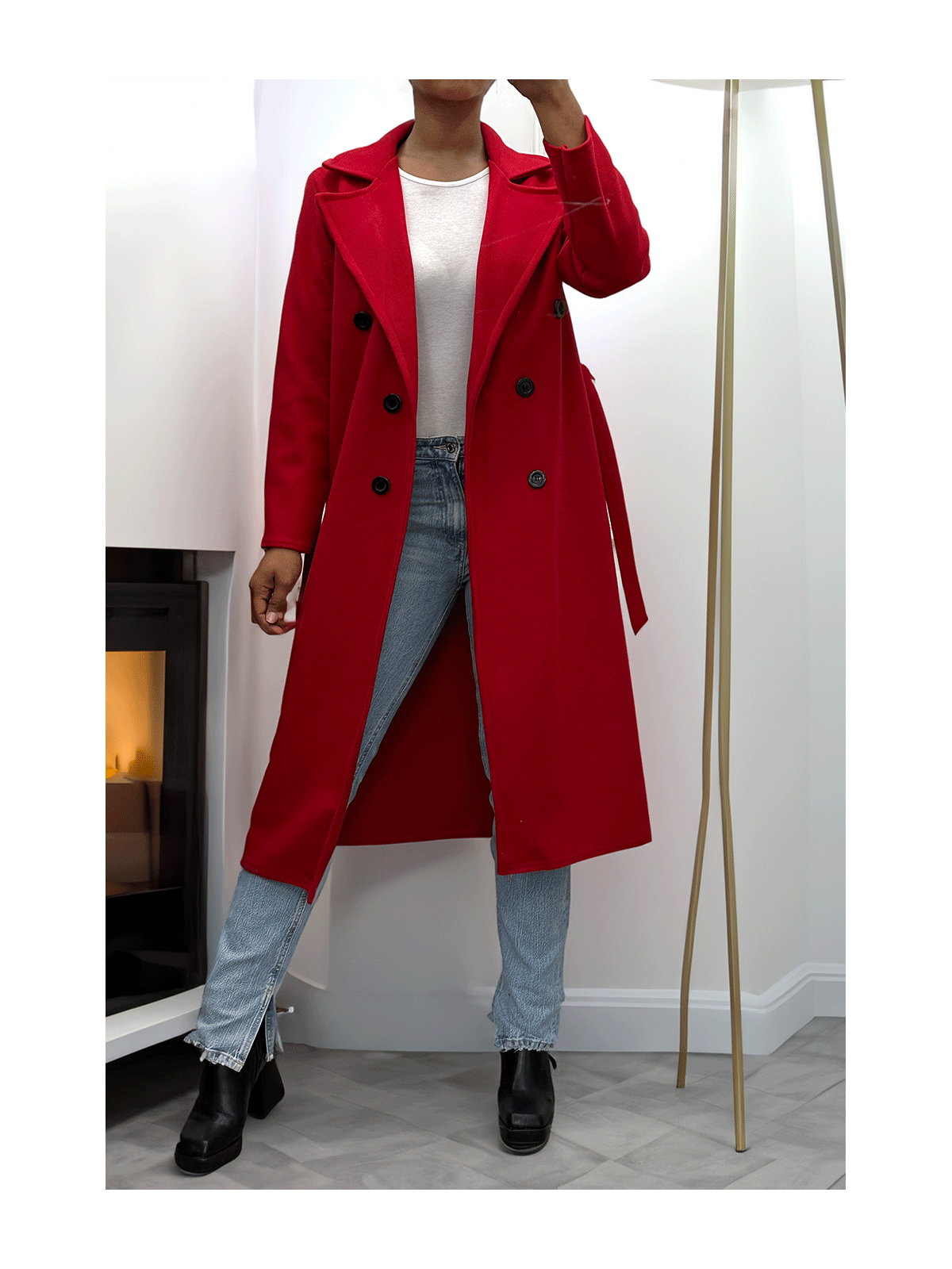 Long manteau croisé en rouge avec poches boutons et ceinture - 4