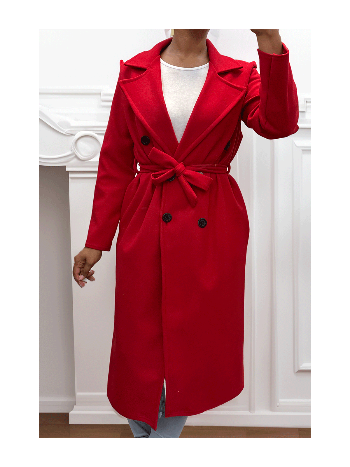 Long manteau croisé en rouge avec poches boutons et ceinture - 5