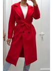Long manteau croisé en rouge avec poches boutons et ceinture - 6