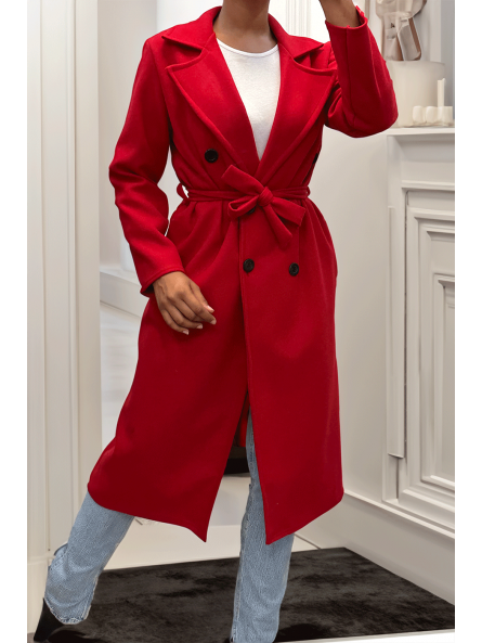 Long manteau croisé en rouge avec poches boutons et ceinture - 7