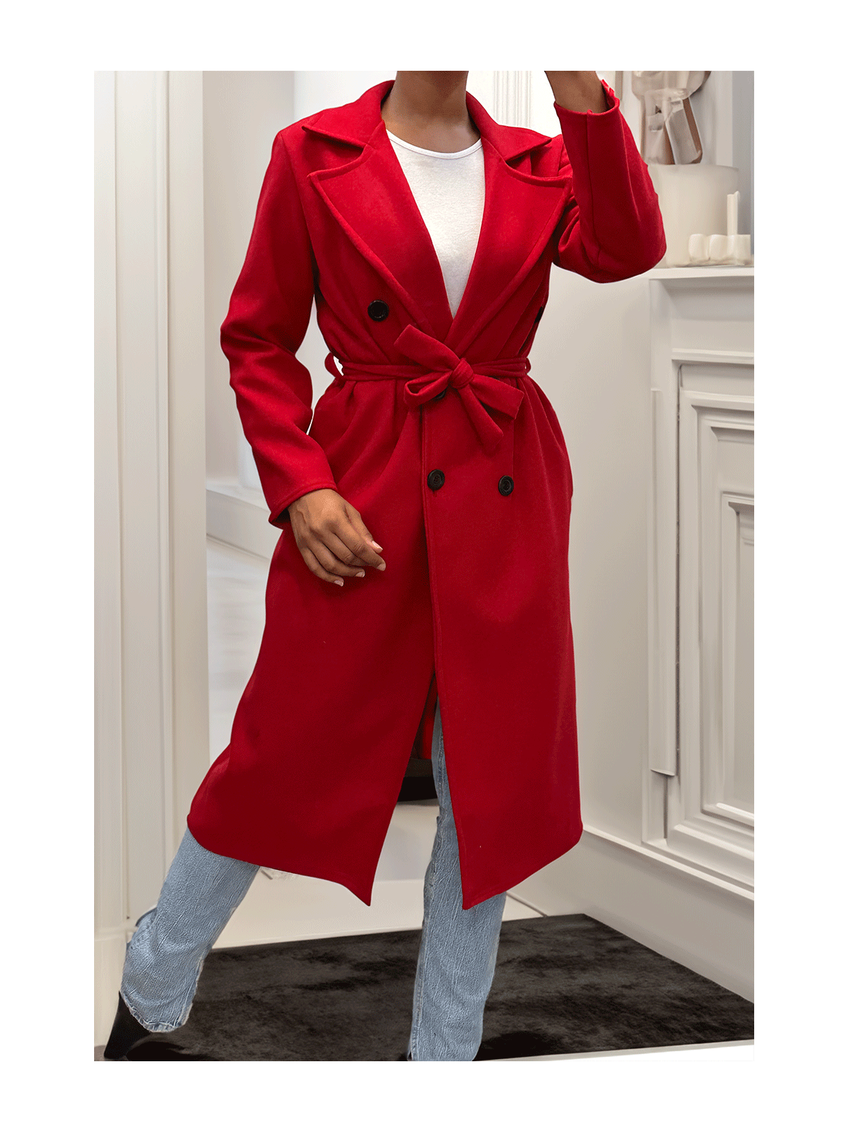 Long manteau croisé en rouge avec poches boutons et ceinture - 7
