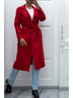 Long manteau croisé en rouge avec poches boutons et ceinture - 8